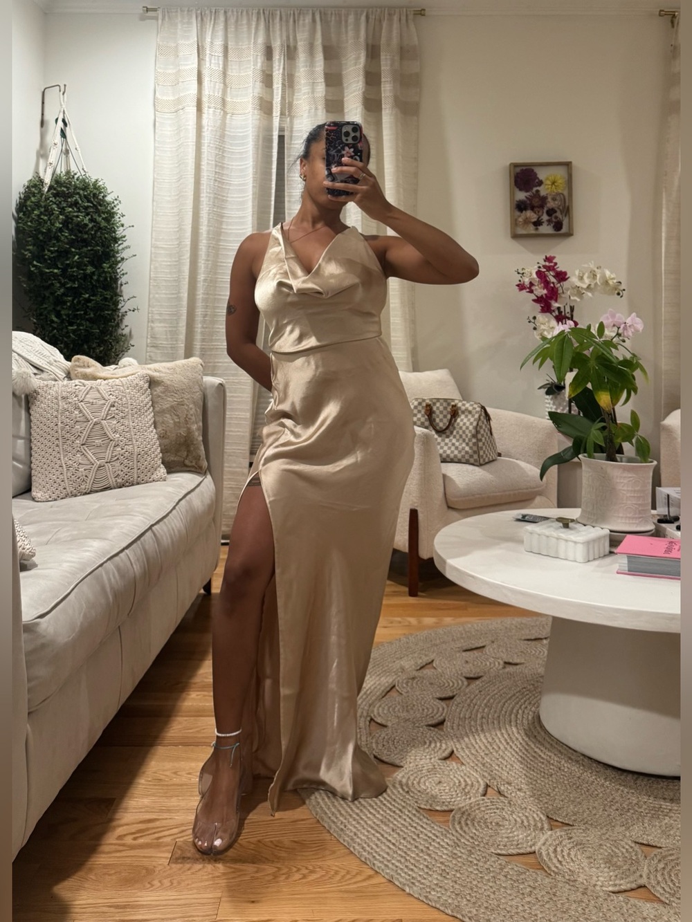 ASOS DESIGN satin high shine cowl neck midi dress with strappy back GOLD Sz 4